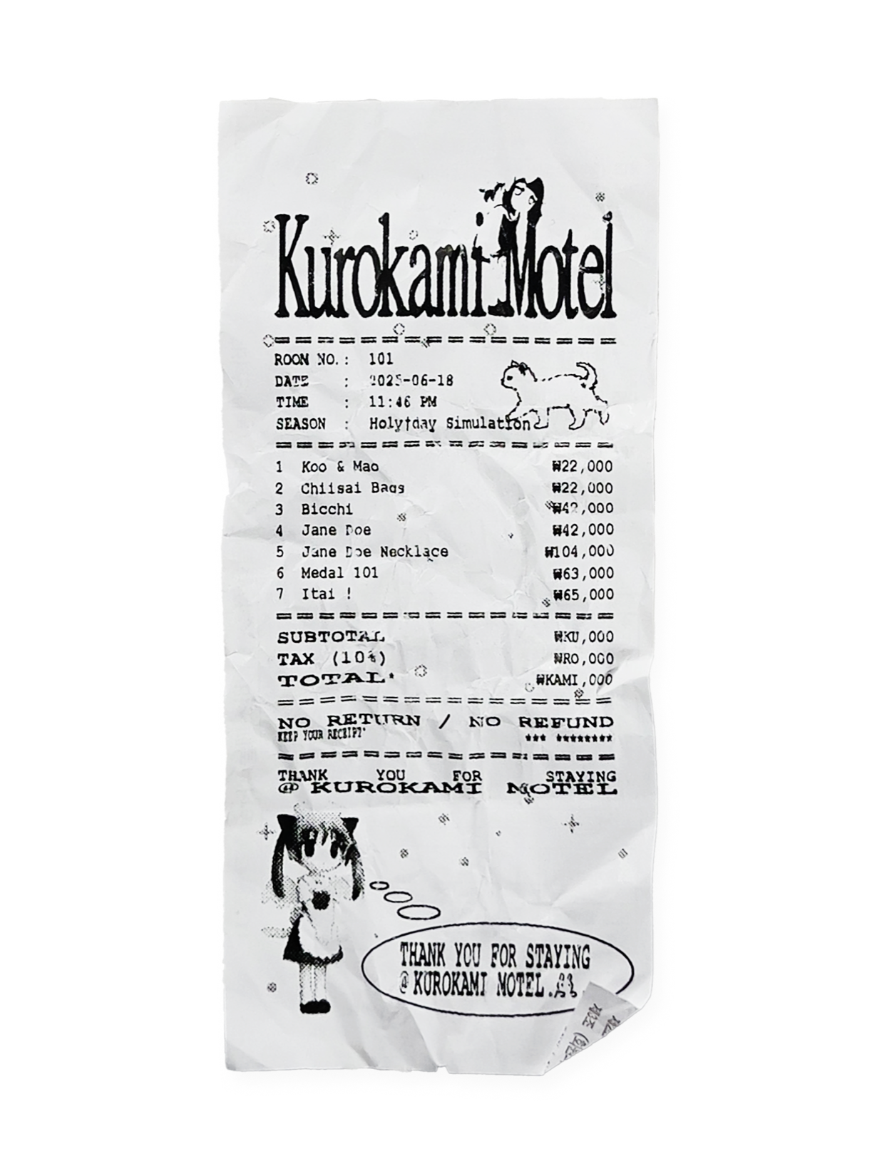Kurokami Motel room card — Room No. 101
